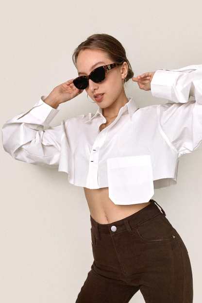 White Pocket Detail Cropped Shirt