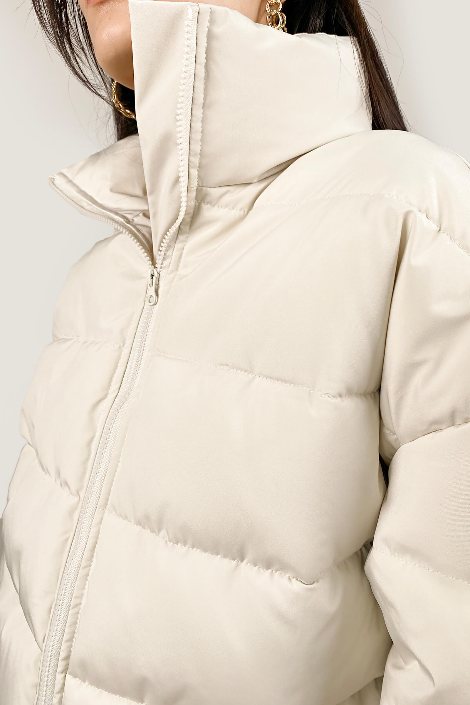 White Stand Collar Zip Puffer Jacket