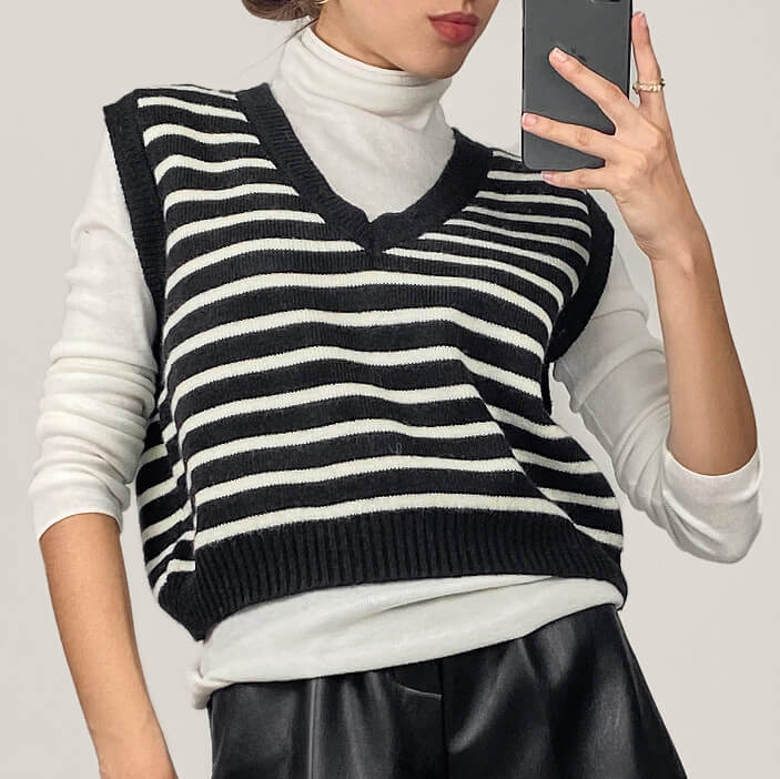 Black Striped Knitted Sweater Vest