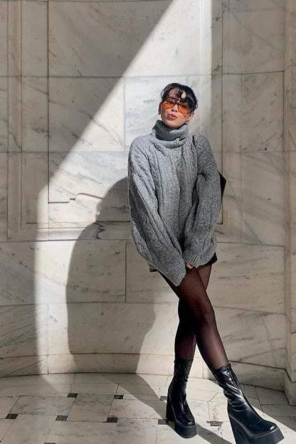 Chunky Grey Cable Knit Turtleneck