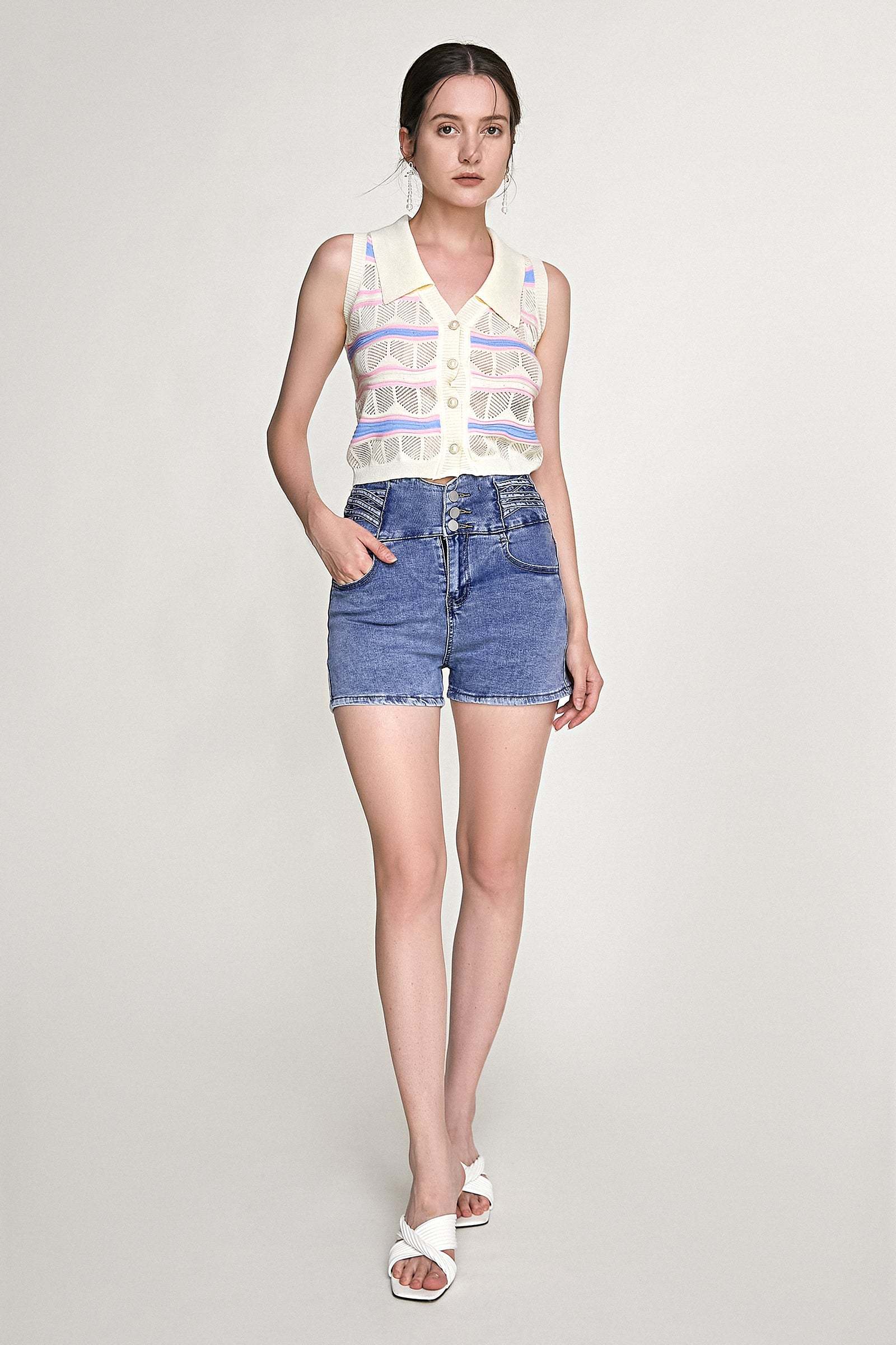 Ivory Striped Button-Up Knitted Collar Vest