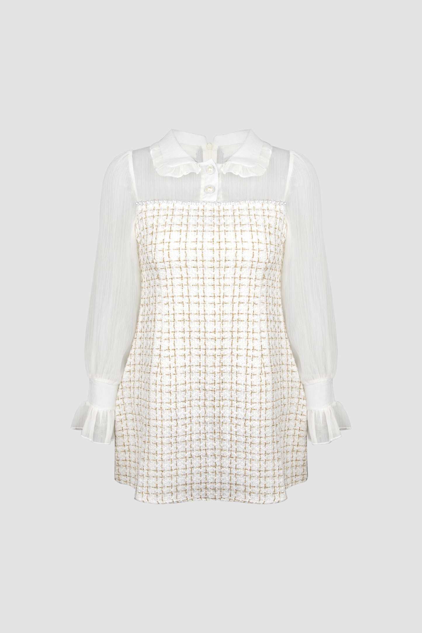 White Mesh Yoke Tweed Mini Dress