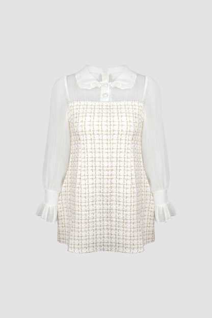 White Mesh Yoke Tweed Mini Dress