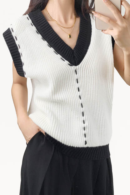Ivory Color Block Contrast Stitch Ribbed Knit Sweater Vest