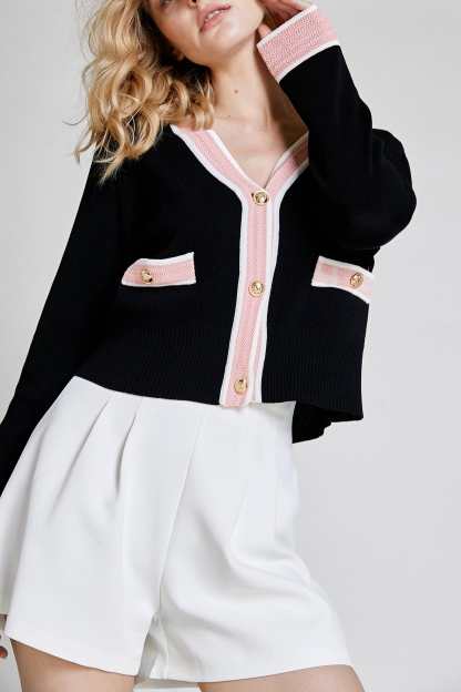 Black Contrast Trim Button Front Cardigan