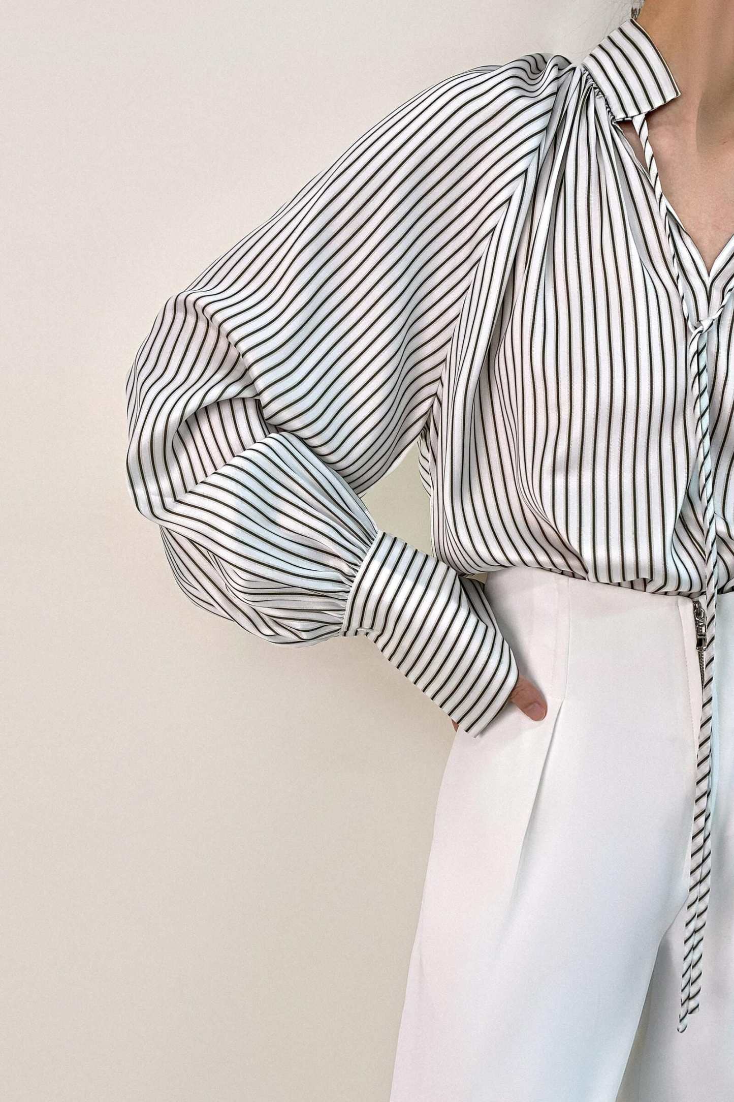 White High Neck Tie Detail Striped Blouse