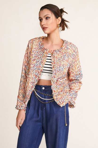 Multicolor Frayed Trim Button-Up Tweed Jacket