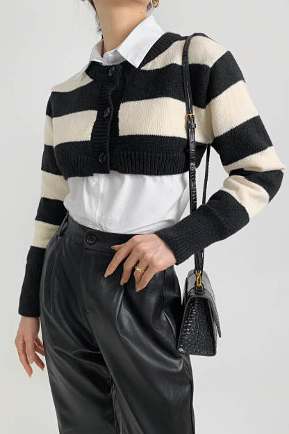 Black And White Striped Super Cropped Cardigan