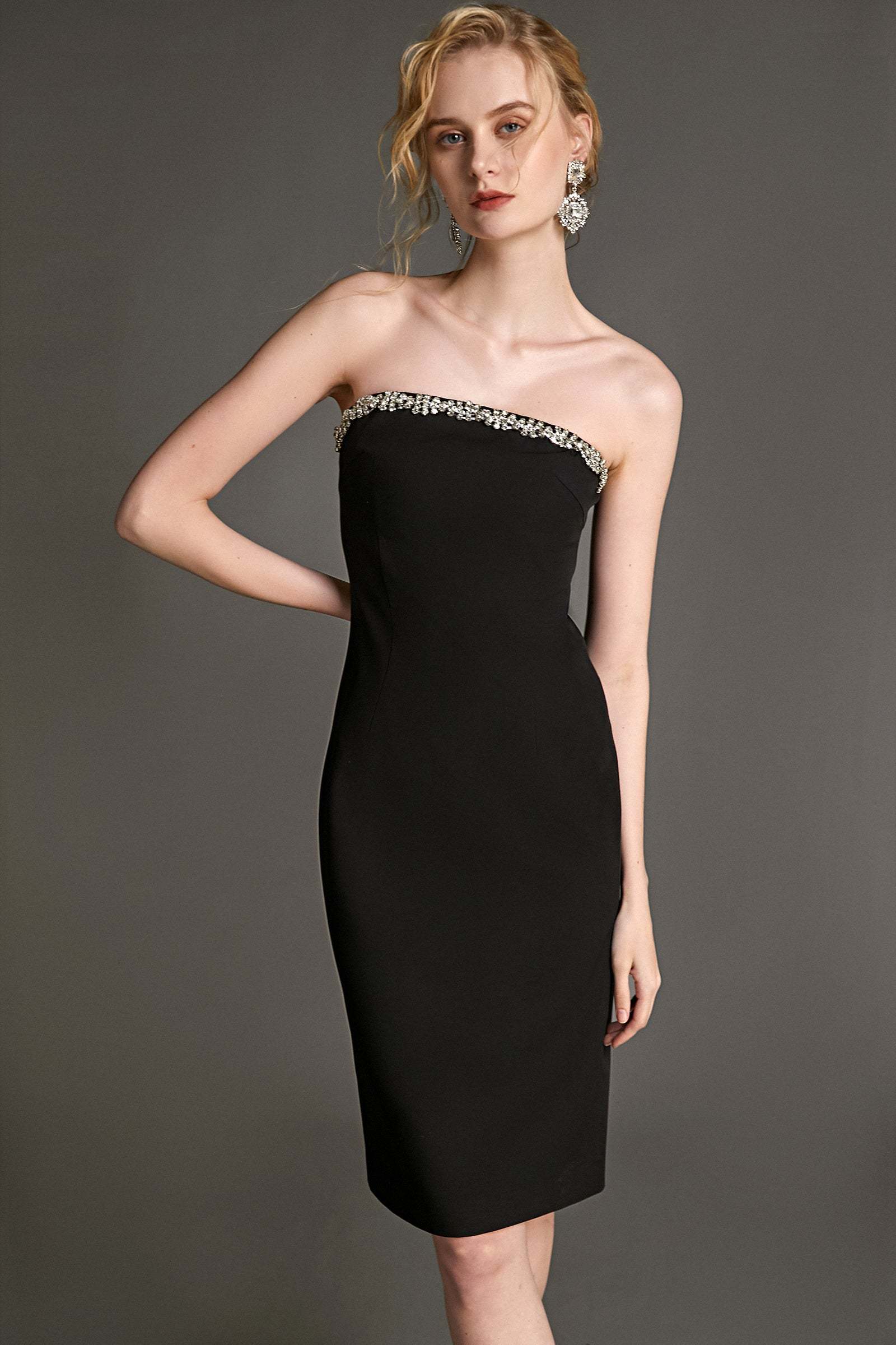 Black Rhinestone Trim Strapless Midi Dress