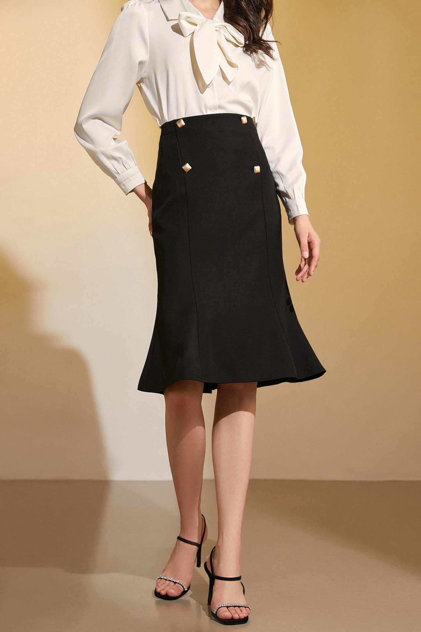 Black High-Rise Ruffle Midi Skirt