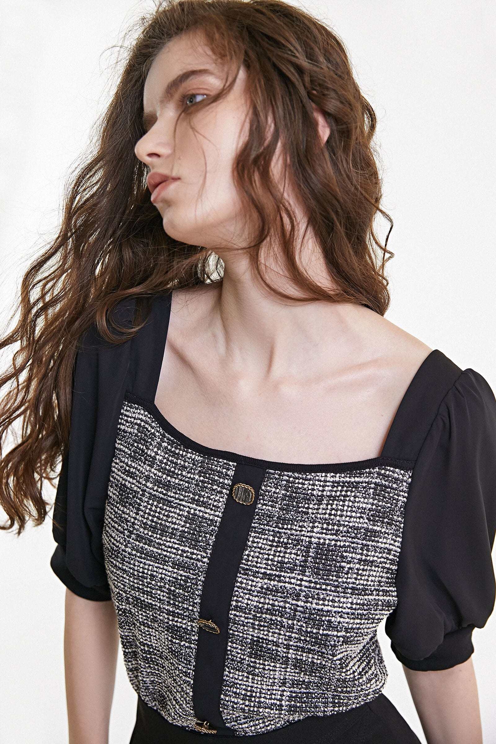 Black Tweed Square Neck Button Detail Puff Sleeve Blouse
