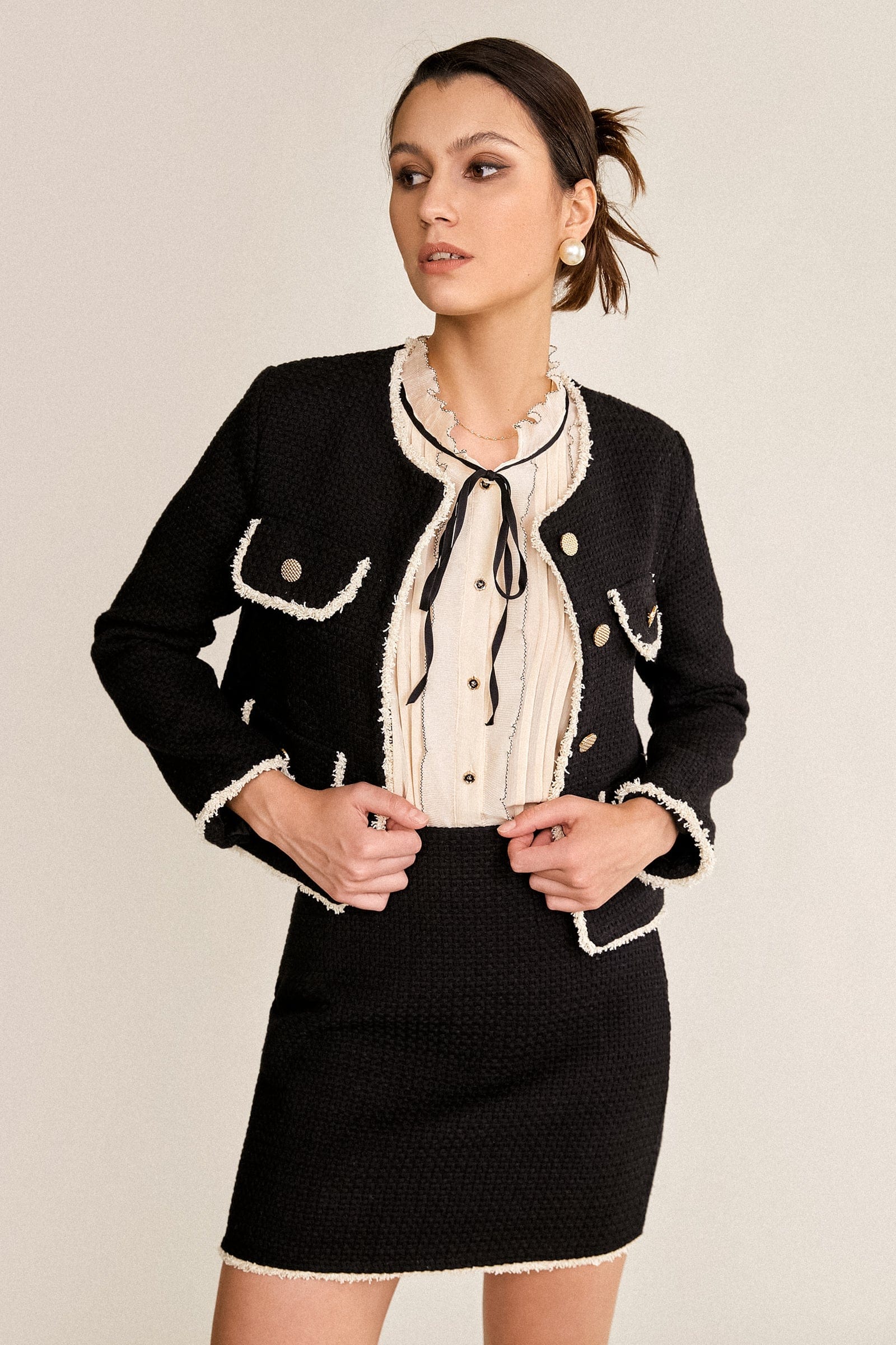 Black Contrast Frayed Trim Tweed Jacket & Mini Skirt Two-Piece Set
