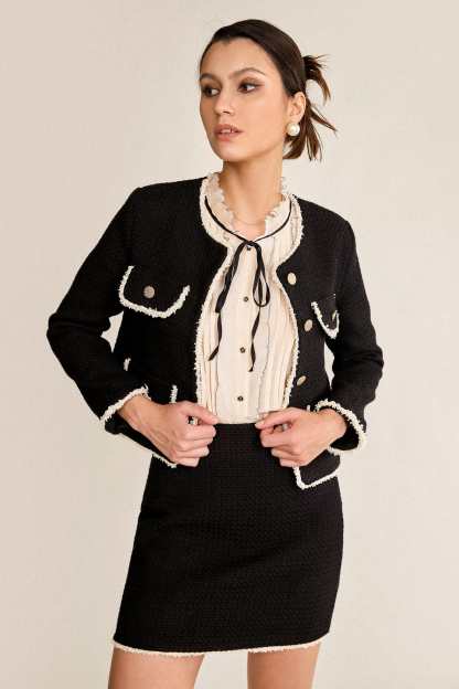 Black Contrast Frayed Trim Tweed Jacket & Mini Skirt Two-Piece Set