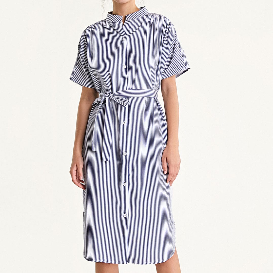 Blue Striped Tie Waist Stand Collar Midi Shirt Dress