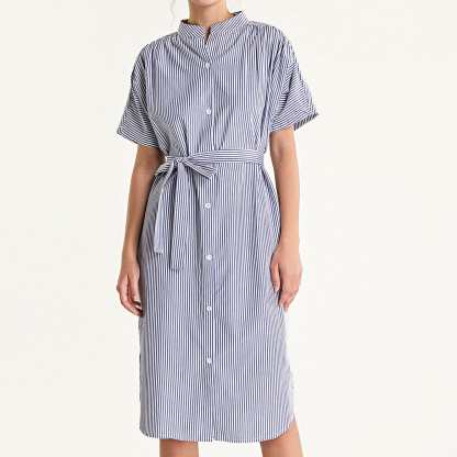 Blue Striped Tie Waist Stand Collar Midi Shirt Dress