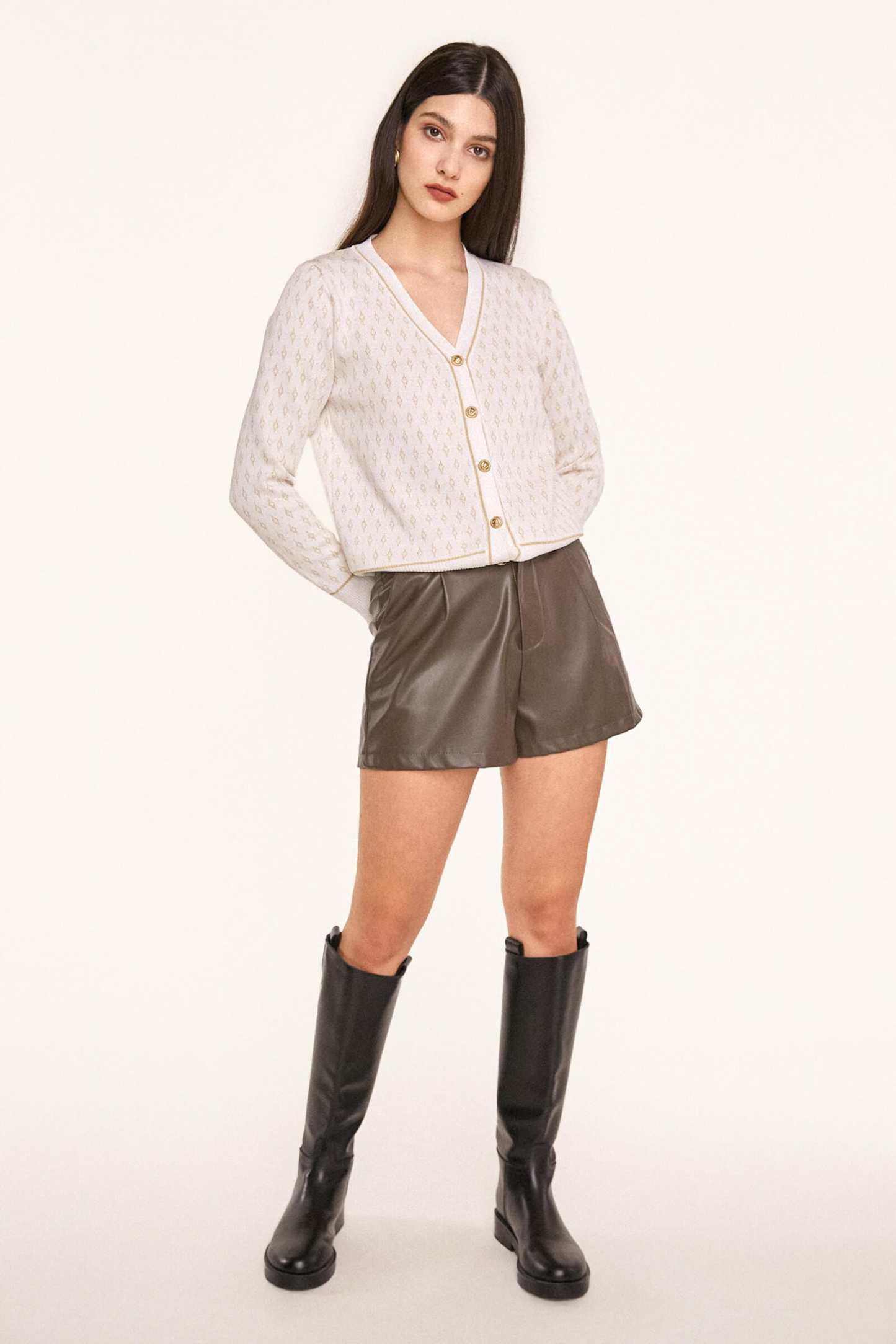White Jacquard-Knit V-Neck Button-Up Cardigan
