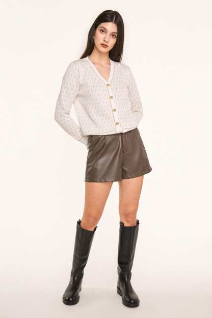 White Jacquard-Knit V-Neck Button-Up Cardigan