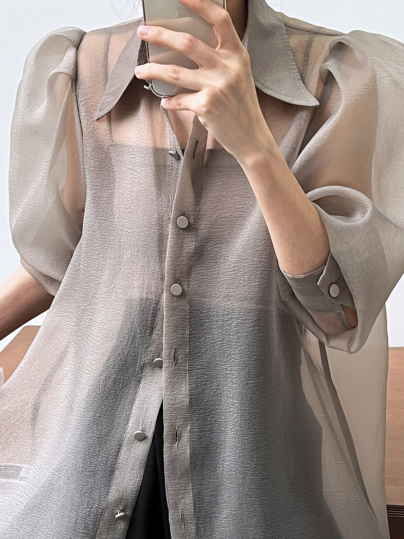 Puff Sleeve Long Sleeve Shirt Grey