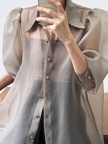 Puff Sleeve Long Sleeve Shirt Grey