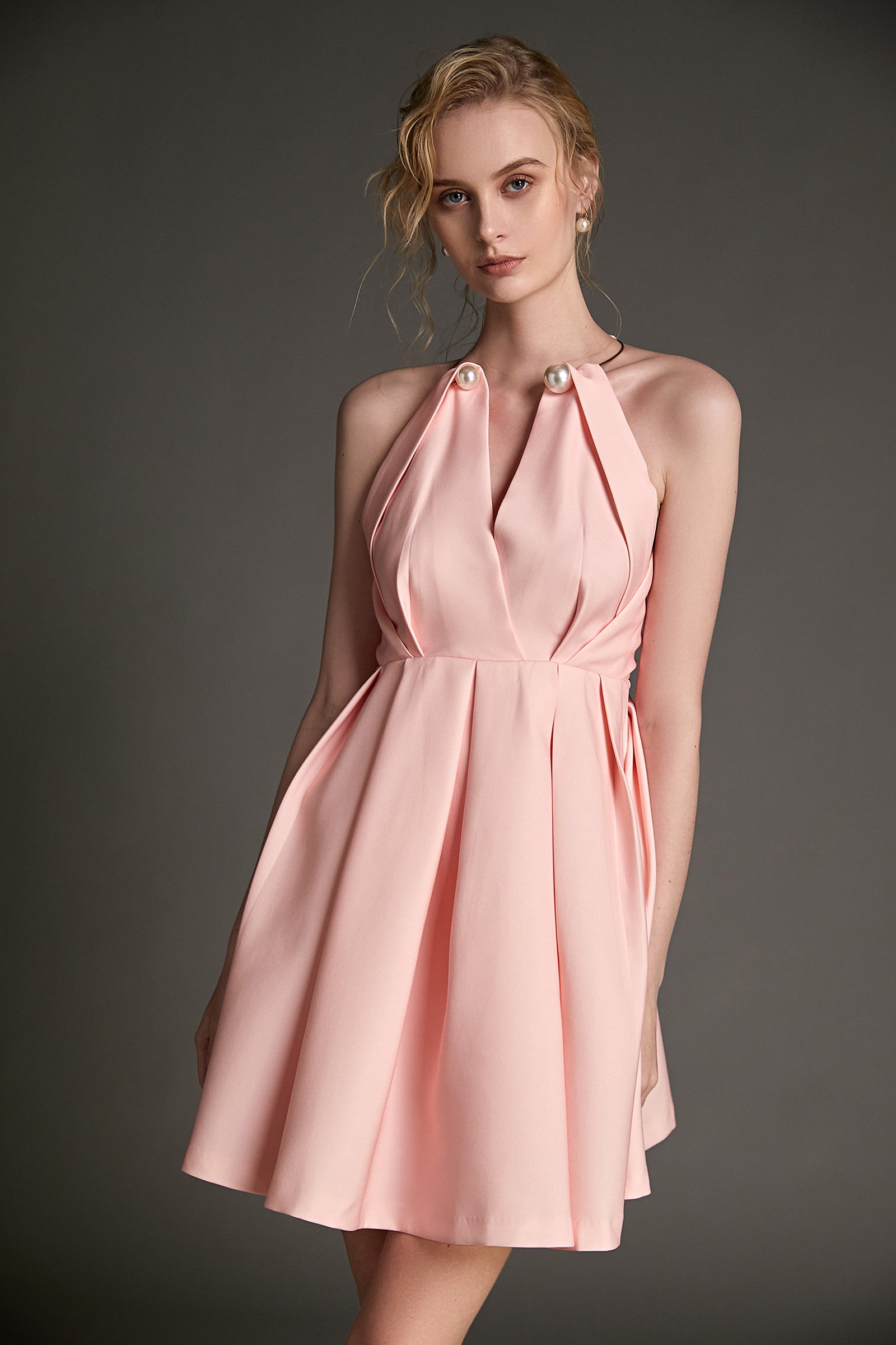 Pink Sleeveless Metal Ring Halter Mini Dress