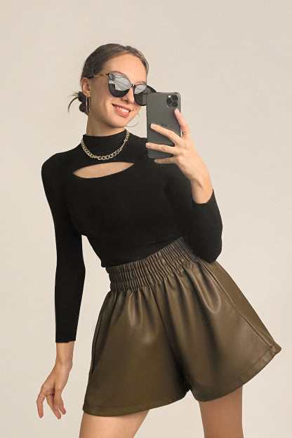Black Mock Neck Front Cut Out Ribbed Knit Sweater
