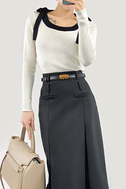 Beige Square Neck Tie Detail Sweater