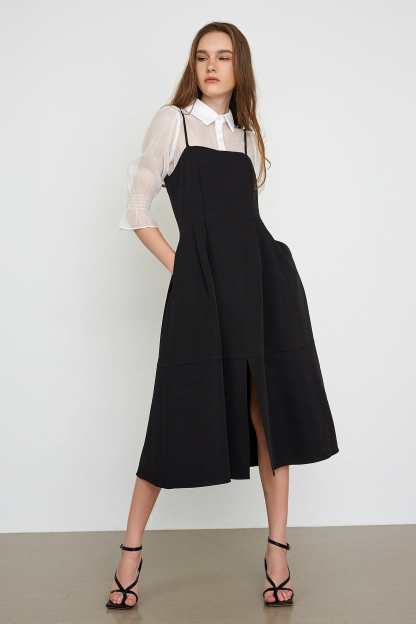 Astraea Black Slit Hem Midi Dress