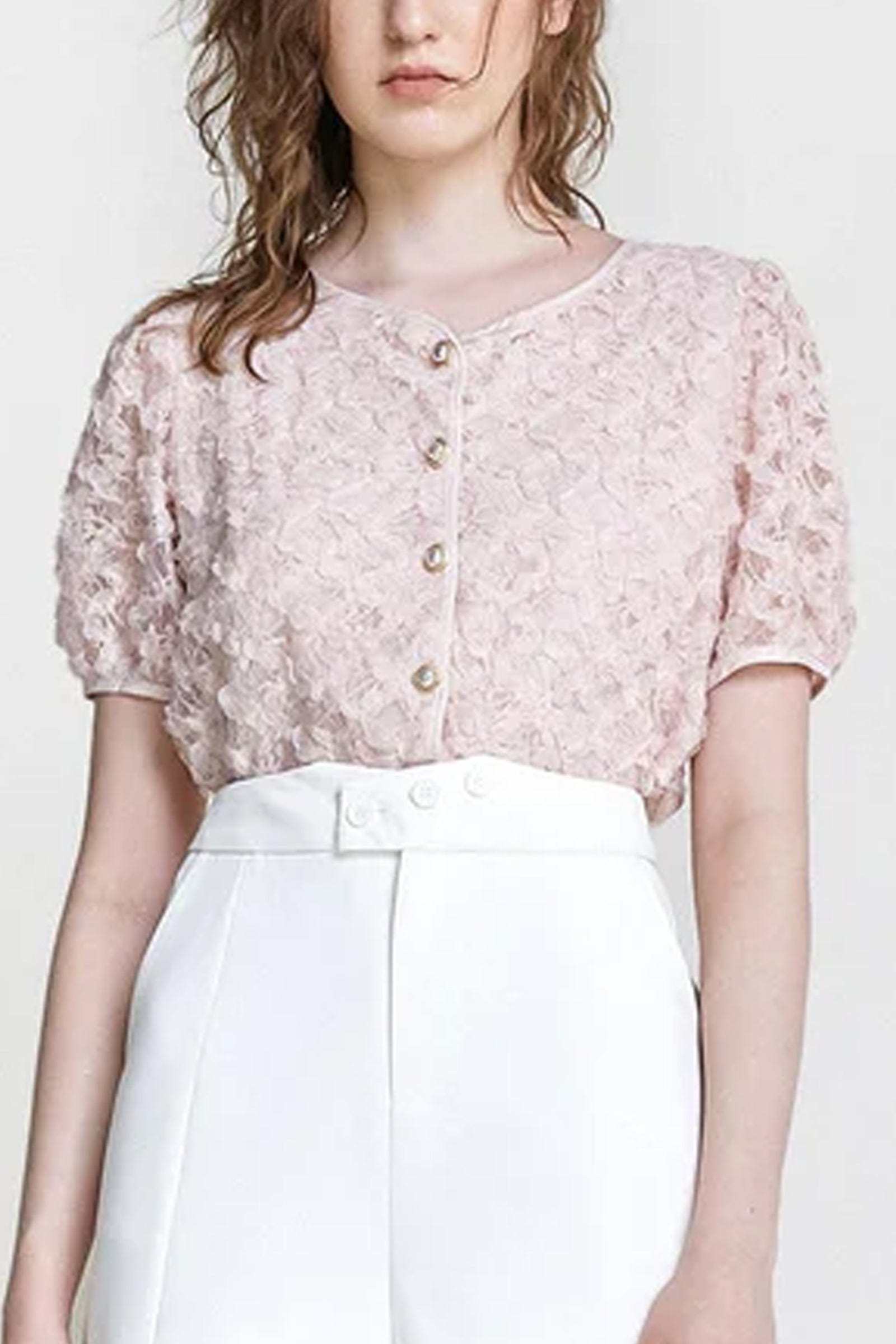 Pink Textured Floral Button Front Blouse