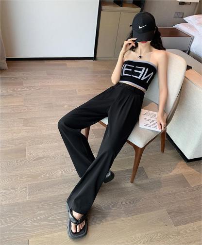 Black Business Casual Double Buckle Wide-leg Suit Pants