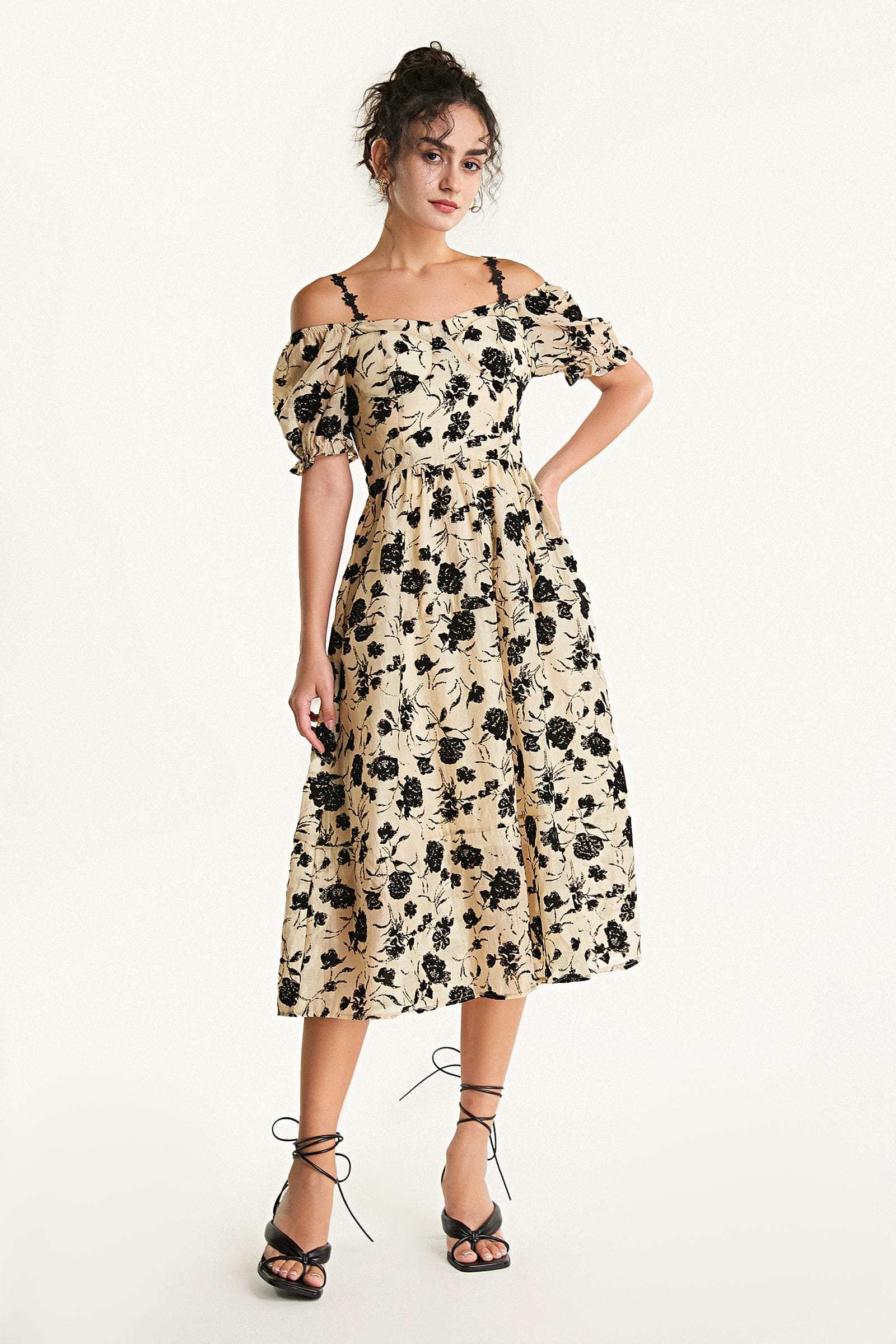 Beige Off-the-Shoulder Velvet Floral Midi Dress