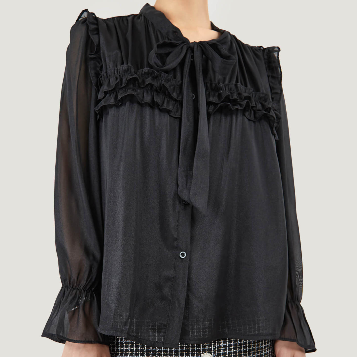 Tie-Neck Ruffle Pleated Blouse