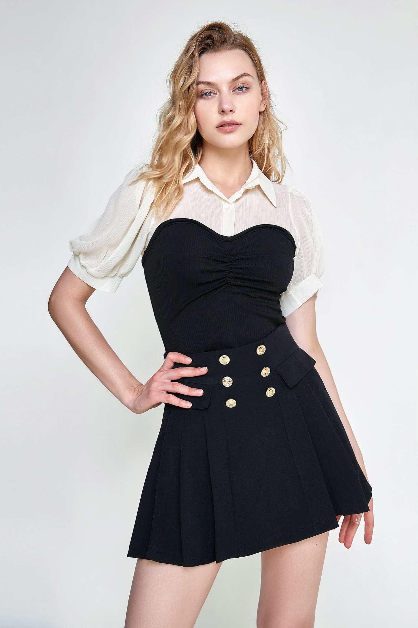 Black Contrast Mesh Puff Sleeve Polo Collar Blouse