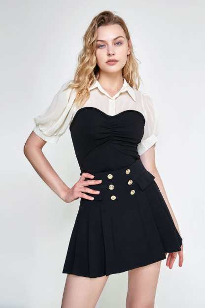 Black Contrast Mesh Puff Sleeve Polo Collar Blouse