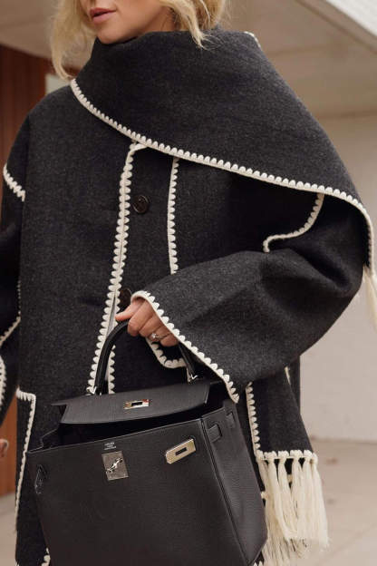 Black Contrast Drop Shoulder Wool-Blend Tweed Coat with Scarf