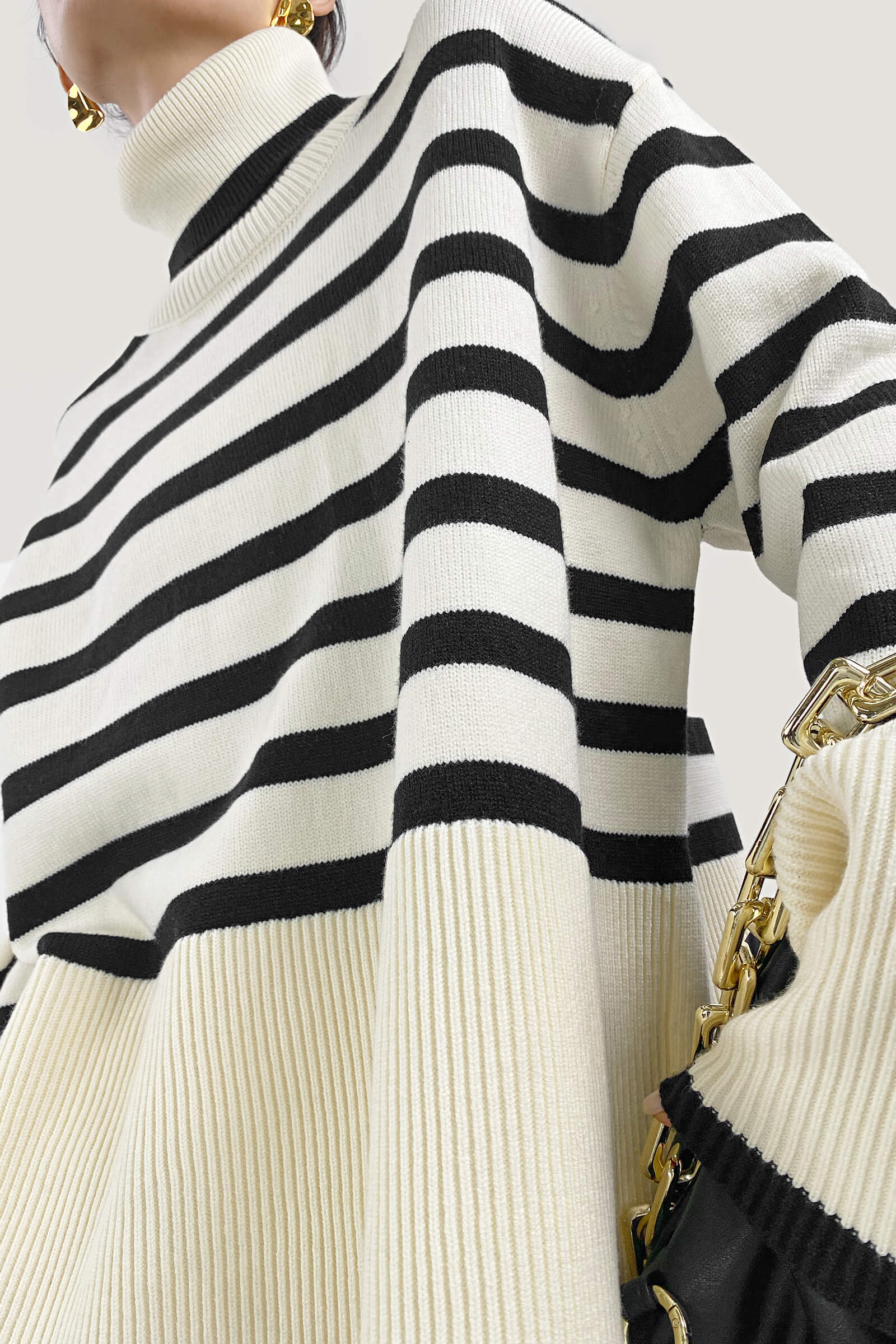 White Roll Neck Striped Ribbed Pullover Sweater