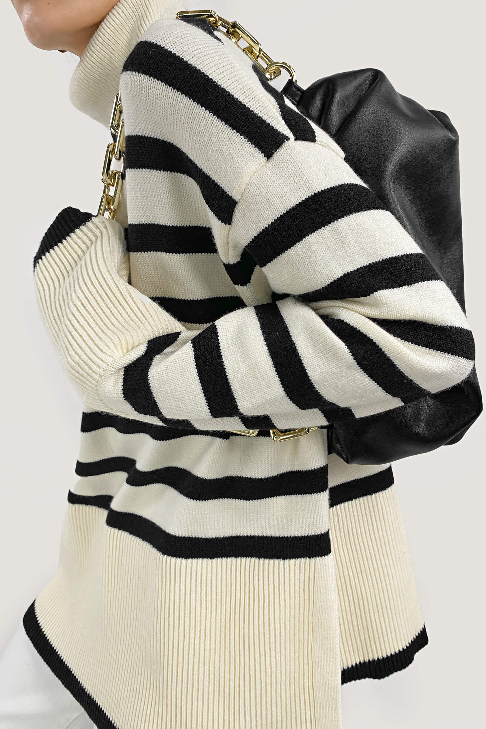 White Roll Neck Striped Ribbed Pullover Sweater