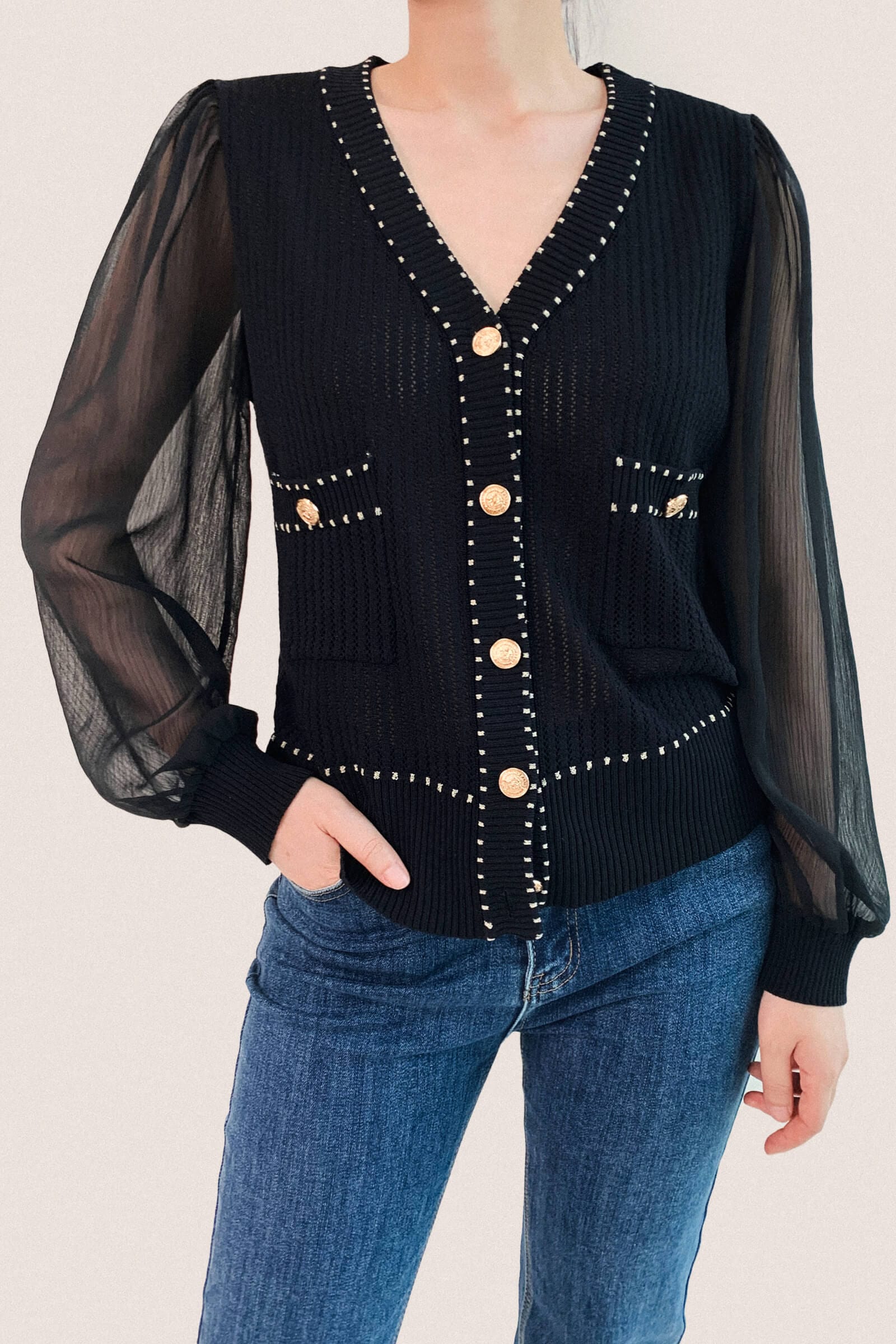 Black Sheer Long Sleeve Pointelle-Knit Cardigan With Gold Buttons