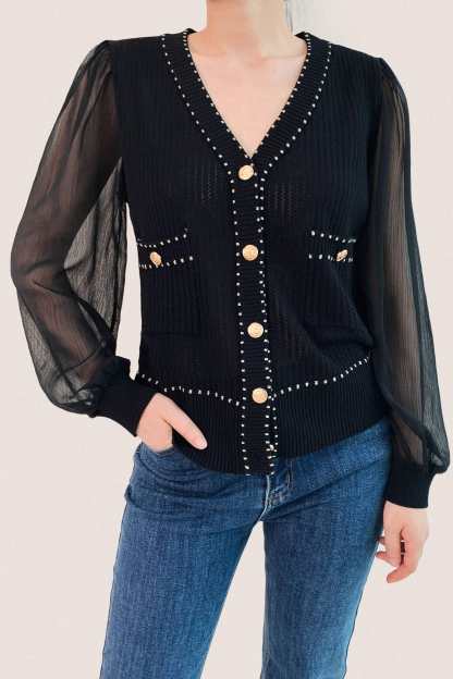 Black Sheer Long Sleeve Pointelle-Knit Cardigan With Gold Buttons
