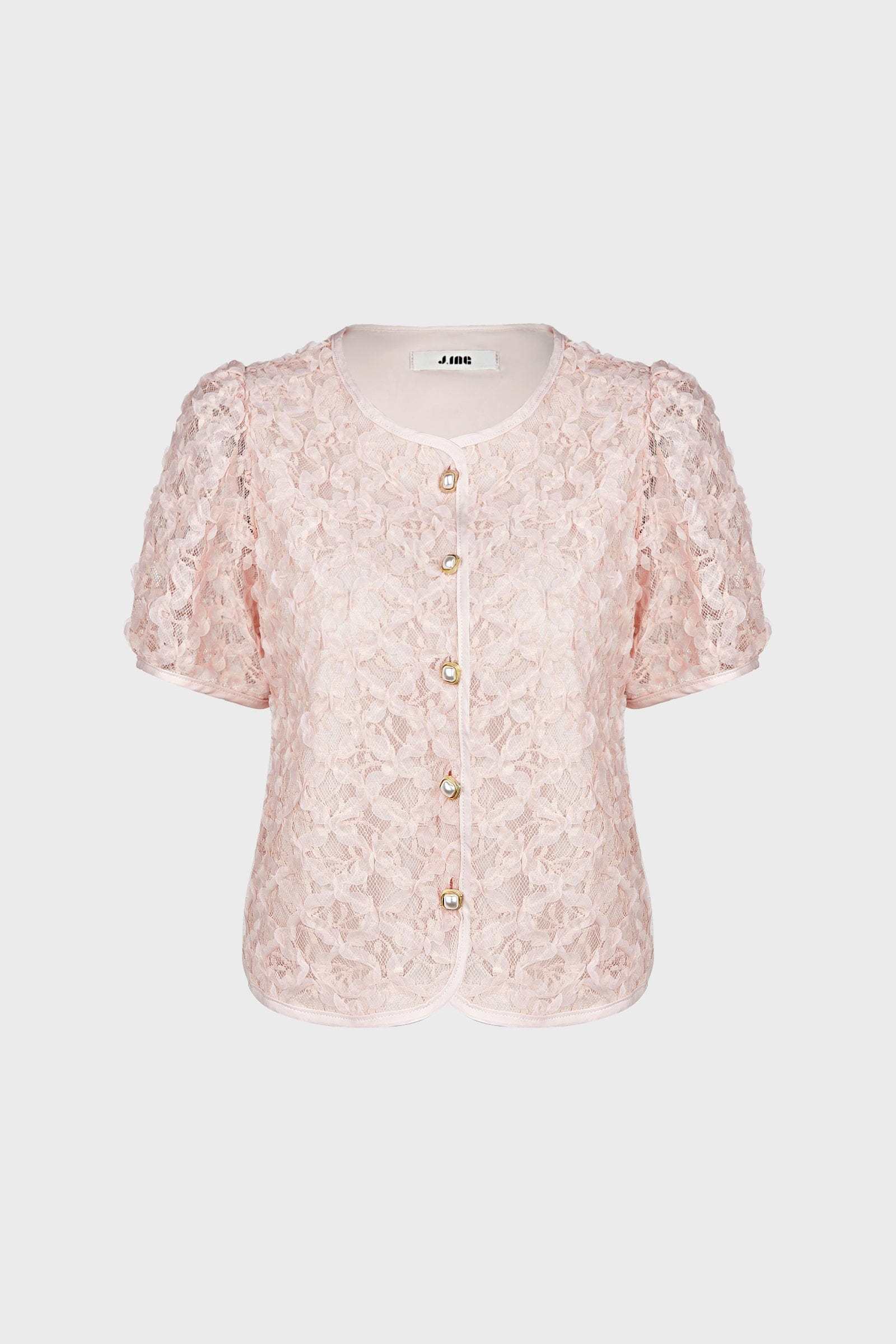Pink Textured Floral Button Front Blouse