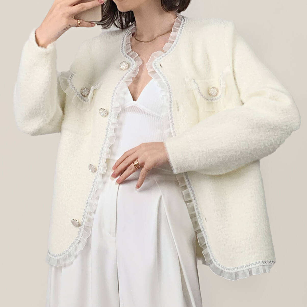Ivory Faux Fur Ruffled Button-Up Cardigan