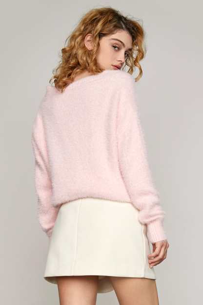 Myrtle Light Pink Fluffy Rhinestone Decor Sweater