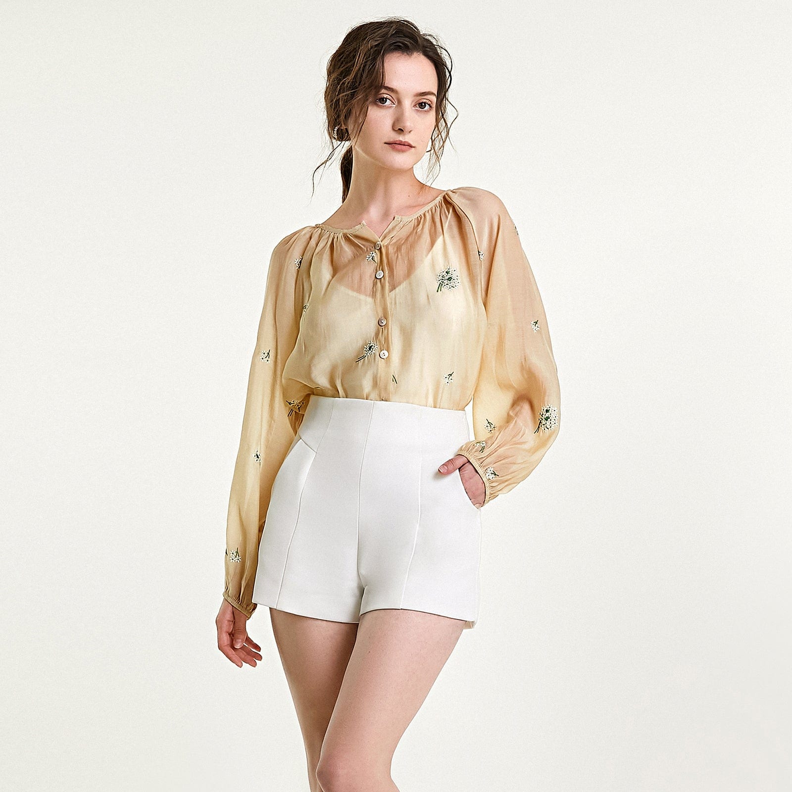 Beige Floral Embroidery Button Front Balloon Sleeve Blouse