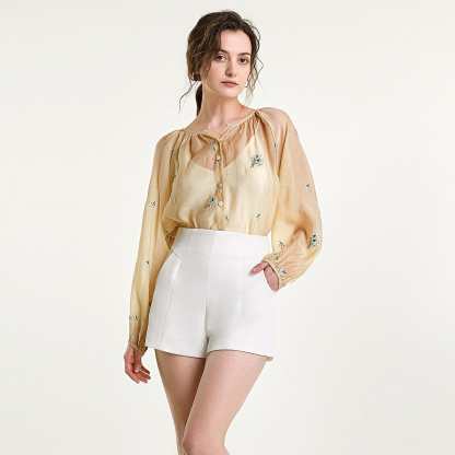 Beige Floral Embroidery Button Front Balloon Sleeve Blouse