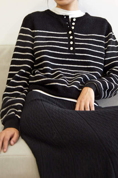 Black Wool-Blend Half-Button Striped Sweater