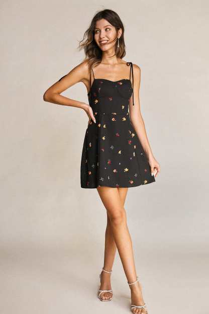 Black Fruit Print Tie Strap Sweetheart Neck Mini Dress