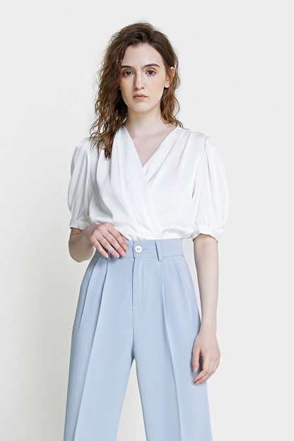 White Surplice Neck Ruched Blouse