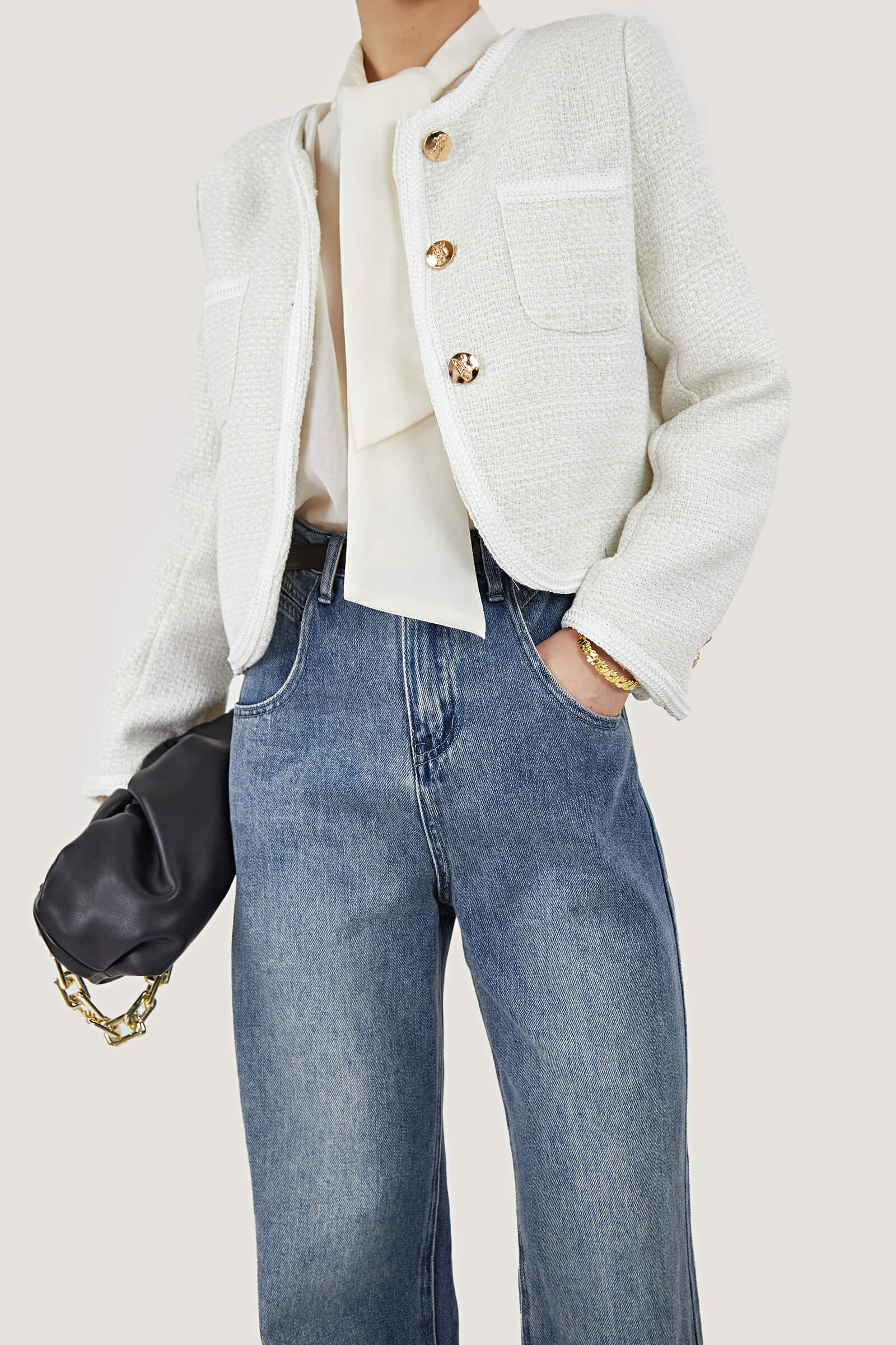 White Frenchy Button Front Detail Tweed Jacket