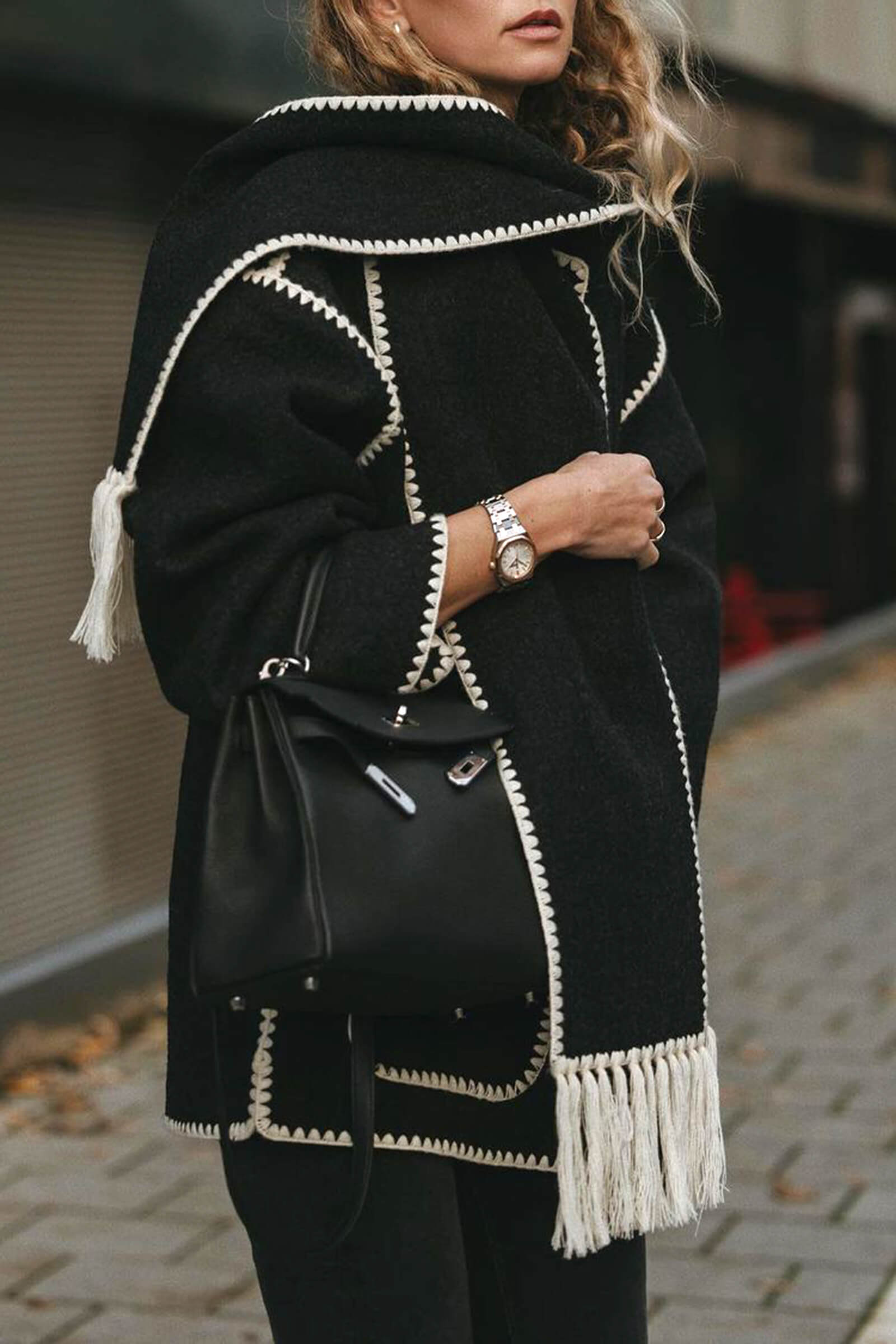 Black Contrast Drop Shoulder Wool-Blend Tweed Coat with Scarf