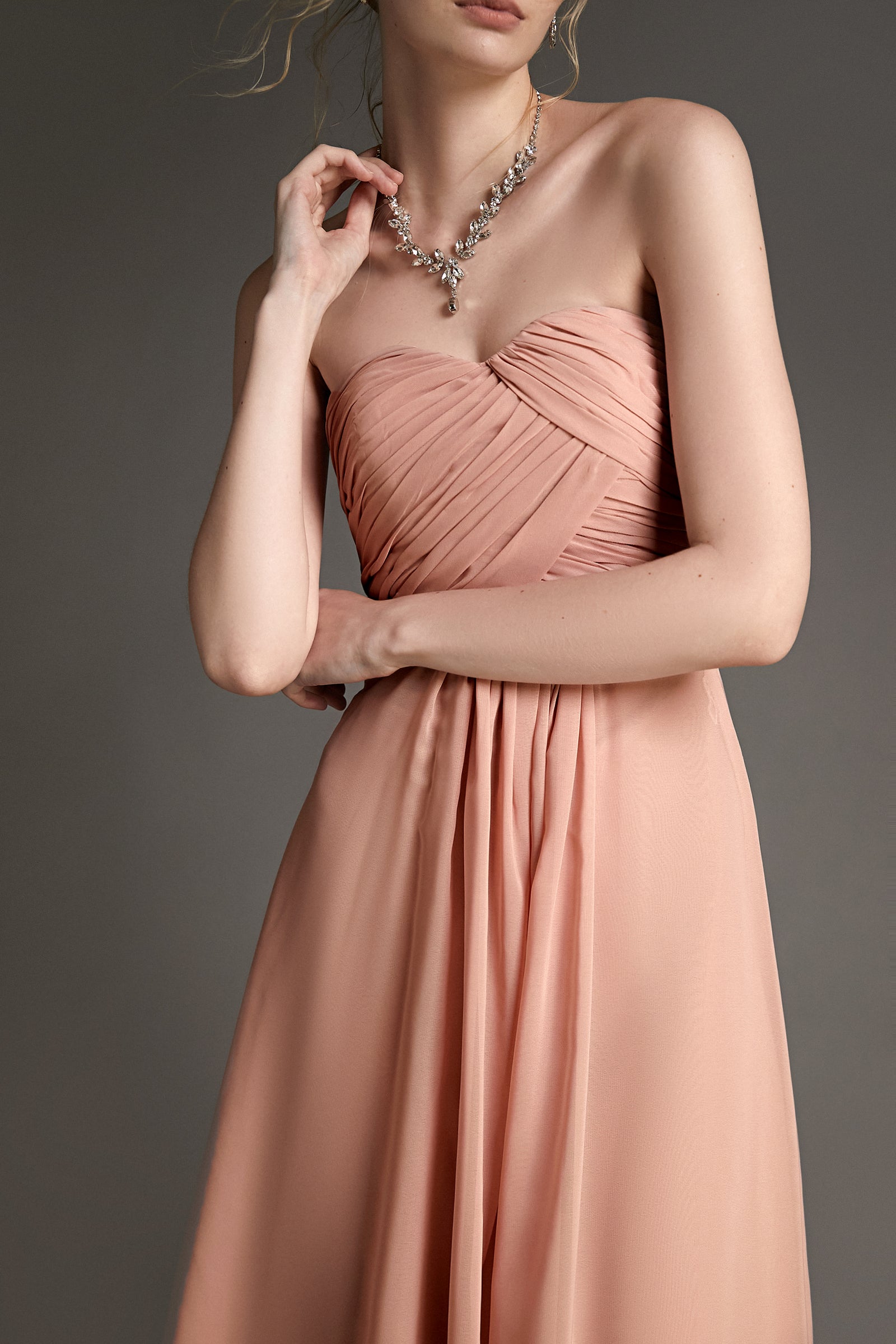 Pink Strapless Pleated Sweetheart Neck Maxi Dress