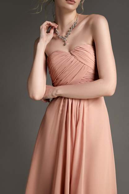 Pink Strapless Pleated Sweetheart Neck Maxi Dress